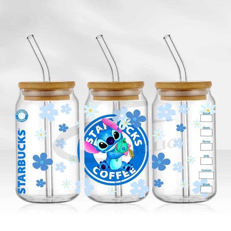image-UV DTF Cup Wrap Blue Cartoon Transfers 16oz UV DTF Libbey Wrap Tumbler Stickers Glass Can Selfadhesive Waterproof