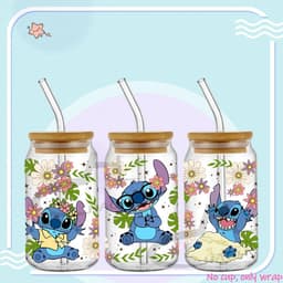 image-UV DTF Cup Wrap Blue Cartoon Transfers 16oz UV DTF Libbey Wrap Tumbler Stickers Glass Can Selfadhesive Waterproof
