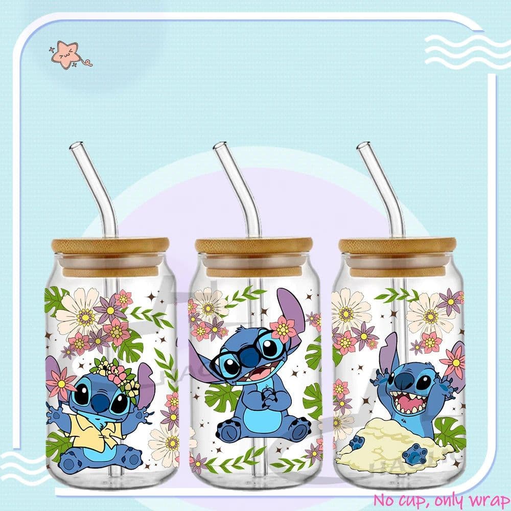 image-UV DTF Cup Wrap Blue Cartoon Transfers 16oz UV DTF Libbey Wrap Tumbler Stickers Glass Can Selfadhesive Waterproof