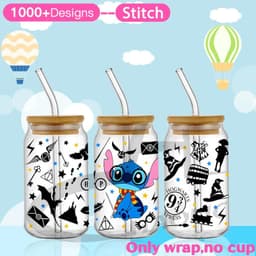 image-UV DTF Cup Wrap Blue Cartoon Transfers 16oz UV DTF Libbey Wrap Tumbler Stickers Glass Can Selfadhesive Waterproof