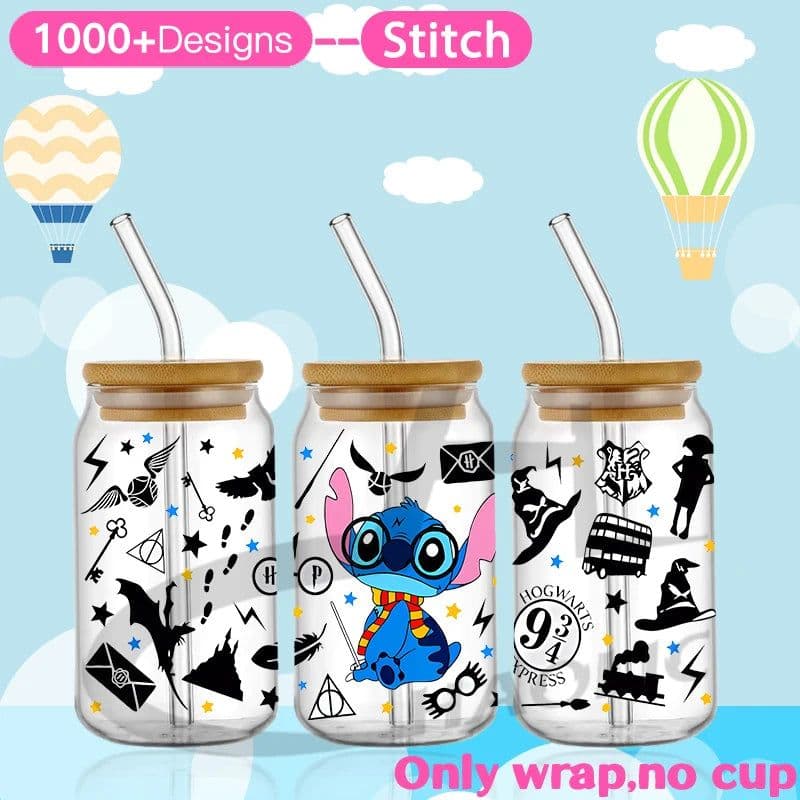 image-UV DTF Cup Wrap Blue Cartoon Transfers 16oz UV DTF Libbey Wrap Tumbler Stickers Glass Can Selfadhesive Waterproof