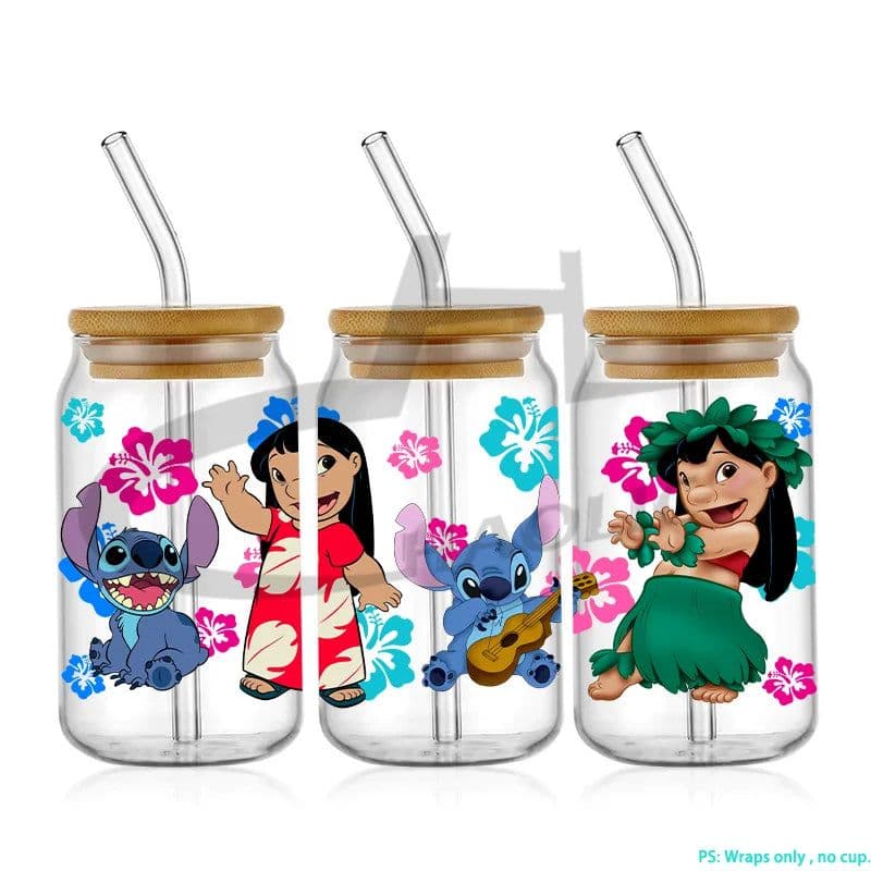 image-UV DTF Cup Wrap Blue Cartoon Transfers 16oz UV DTF Libbey Wrap Tumbler Stickers Glass Can Selfadhesive Waterproof
