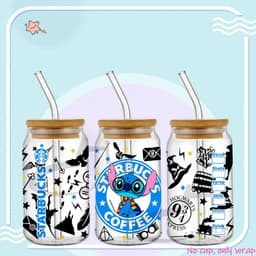 image-UV DTF Cup Wrap Blue Cartoon Transfers 16oz UV DTF Libbey Wrap Tumbler Stickers Glass Can Selfadhesive Waterproof