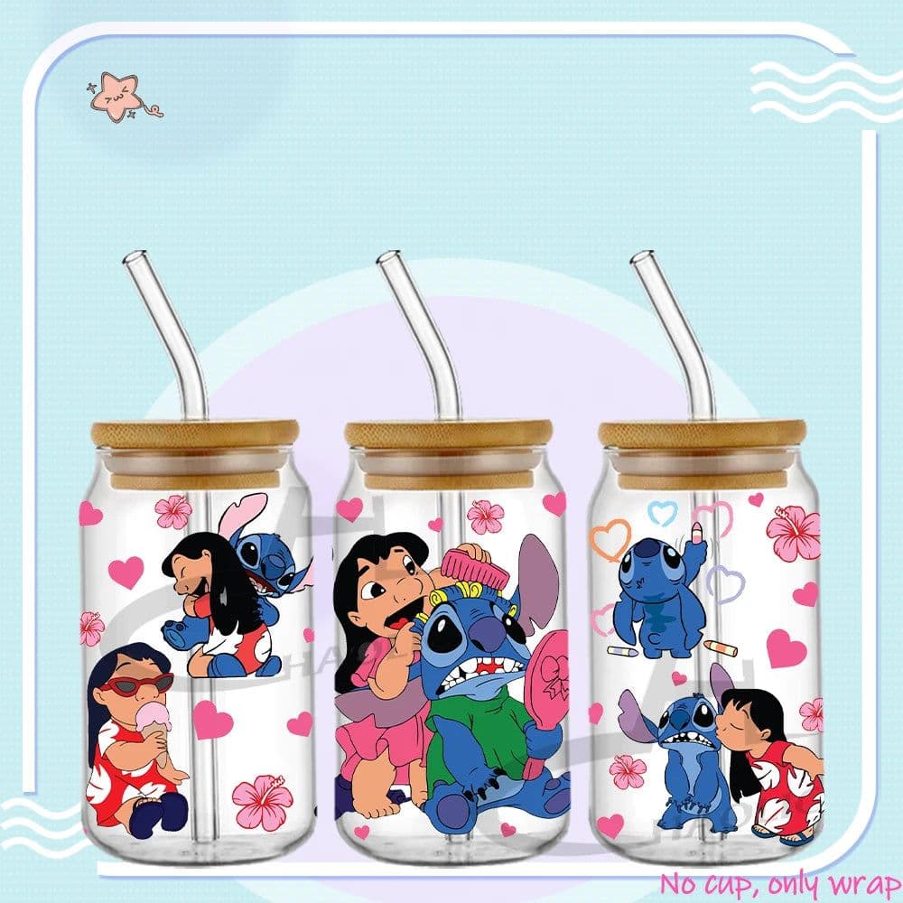 image-UV DTF Cup Wrap Blue Cartoon Transfers 16oz UV DTF Libbey Wrap Tumbler Stickers Glass Can Selfadhesive Waterproof