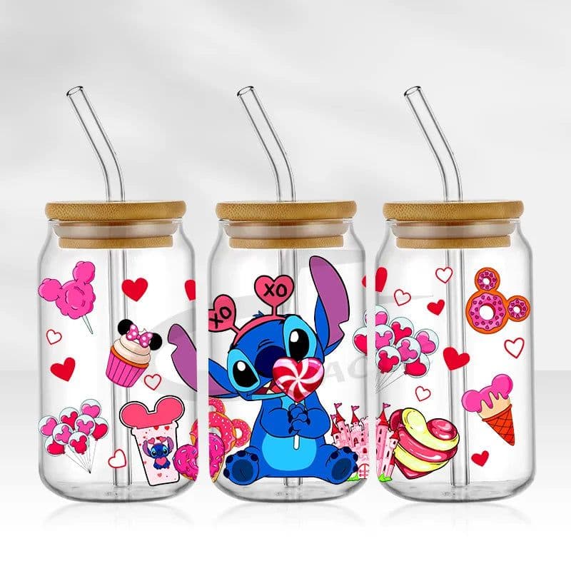 image-UV DTF Cup Wrap Blue Cartoon Transfers 16oz UV DTF Libbey Wrap Tumbler Stickers Glass Can Selfadhesive Waterproof