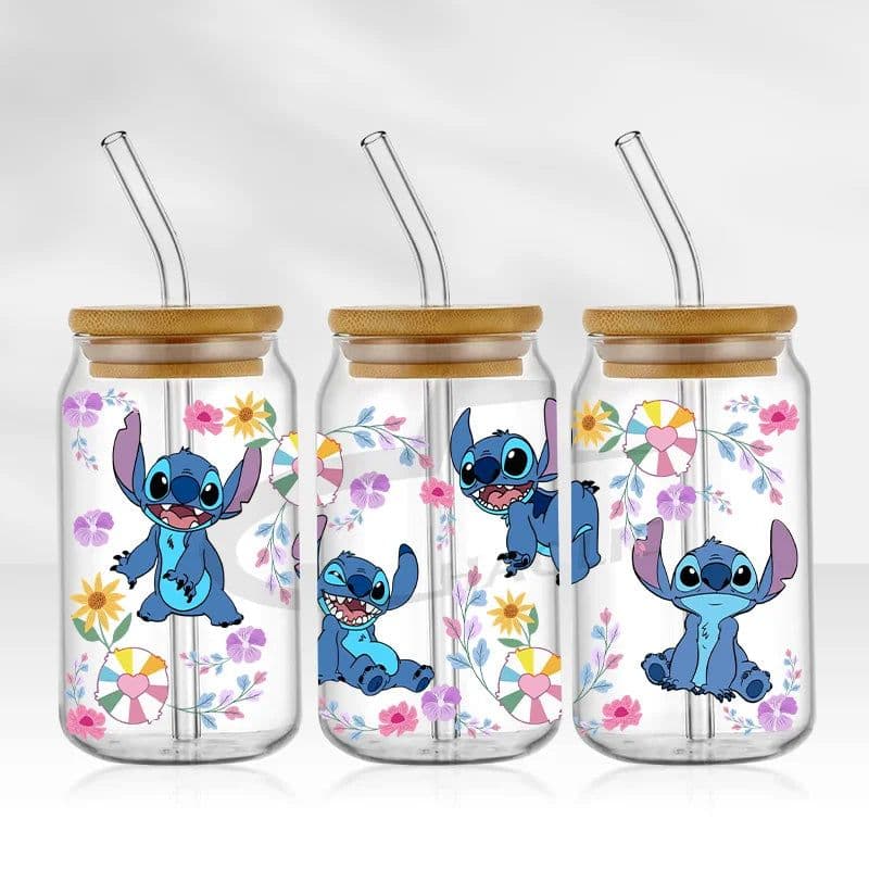 image-UV DTF Cup Wrap Blue Cartoon Transfers 16oz UV DTF Libbey Wrap Tumbler Stickers Glass Can Selfadhesive Waterproof