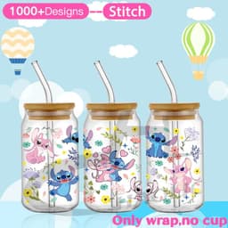 image-UV DTF Cup Wrap Blue Cartoon Transfers 16oz UV DTF Libbey Wrap Tumbler Stickers Glass Can Selfadhesive Waterproof