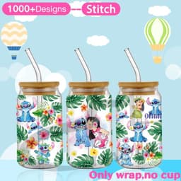 image-UV DTF Cup Wrap Blue Cartoon Transfers 16oz UV DTF Libbey Wrap Tumbler Stickers Glass Can Selfadhesive Waterproof