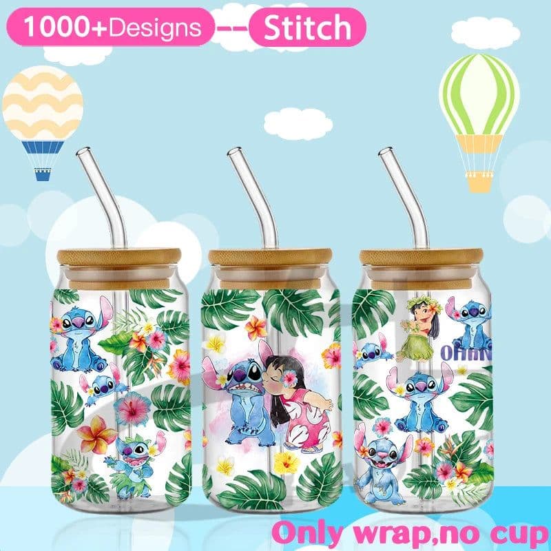 image-UV DTF Cup Wrap Blue Cartoon Transfers 16oz UV DTF Libbey Wrap Tumbler Stickers Glass Can Selfadhesive Waterproof
