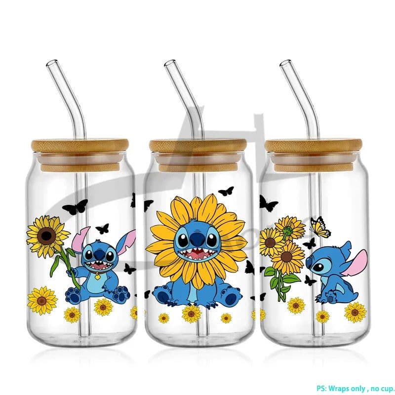 image-UV DTF Cup Wrap Blue Cartoon Transfers 16oz UV DTF Libbey Wrap Tumbler Stickers Glass Can Selfadhesive Waterproof