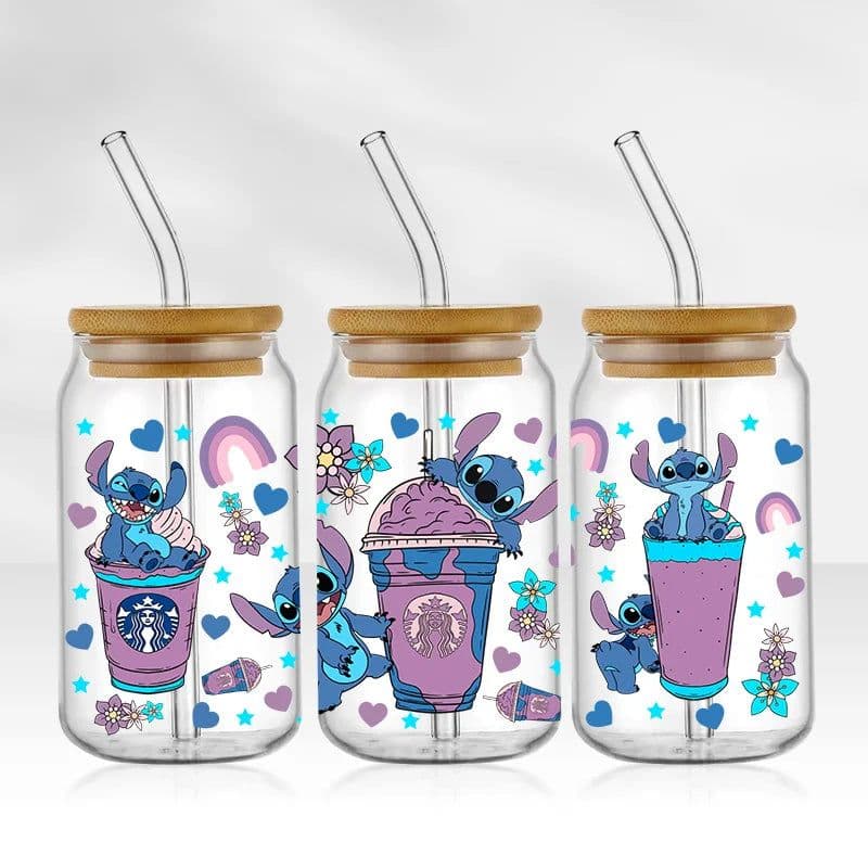 image-UV DTF Cup Wrap Blue Cartoon Transfers 16oz UV DTF Libbey Wrap Tumbler Stickers Glass Can Selfadhesive Waterproof