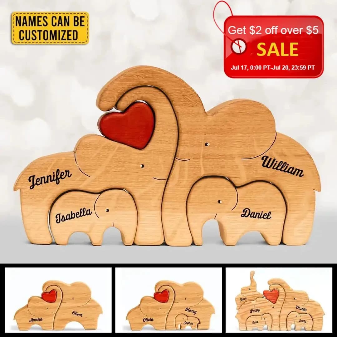 image-Personalized Elephant Family Wooden Puzzle Love Animal Wood Puzzle Custom Family Name Sculpture Free Engraving Decor Gifts