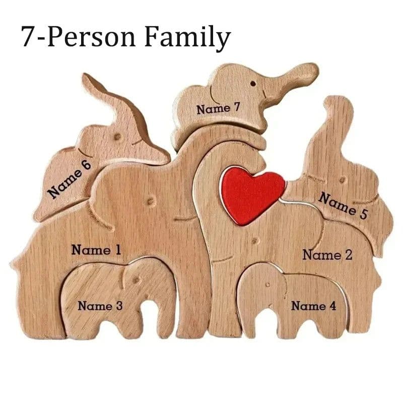 image-Personalized Elephant Family Wooden Puzzle Love Animal Wood Puzzle Custom Family Name Sculpture Free Engraving Decor Gifts