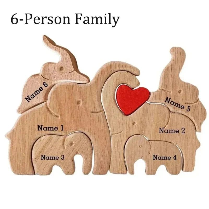 image-Personalized Elephant Family Wooden Puzzle Love Animal Wood Puzzle Custom Family Name Sculpture Free Engraving Decor Gifts