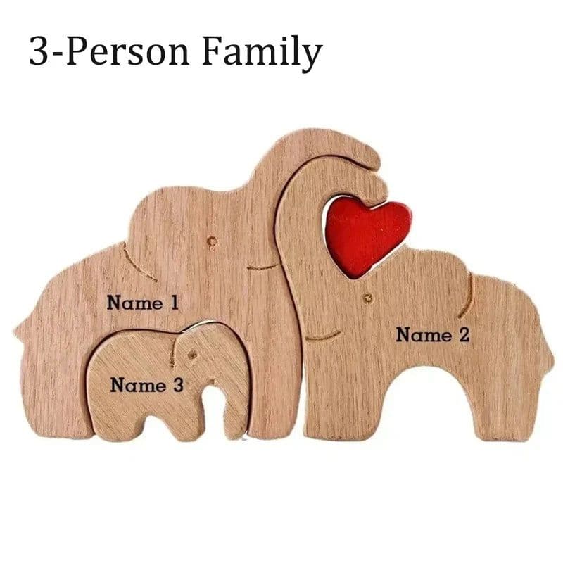 image-Personalized Elephant Family Wooden Puzzle Love Animal Wood Puzzle Custom Family Name Sculpture Free Engraving Decor Gifts