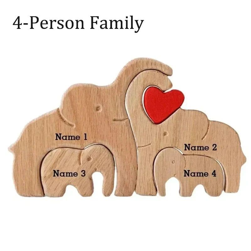 image-Personalized Elephant Family Wooden Puzzle Love Animal Wood Puzzle Custom Family Name Sculpture Free Engraving Decor Gifts