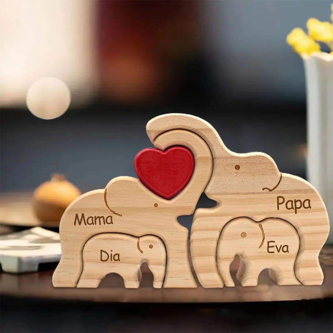 image-Personalized Elephant Family Wooden Puzzle Love Animal Wood Puzzle Custom Family Name Sculpture Free Engraving Decor Gifts