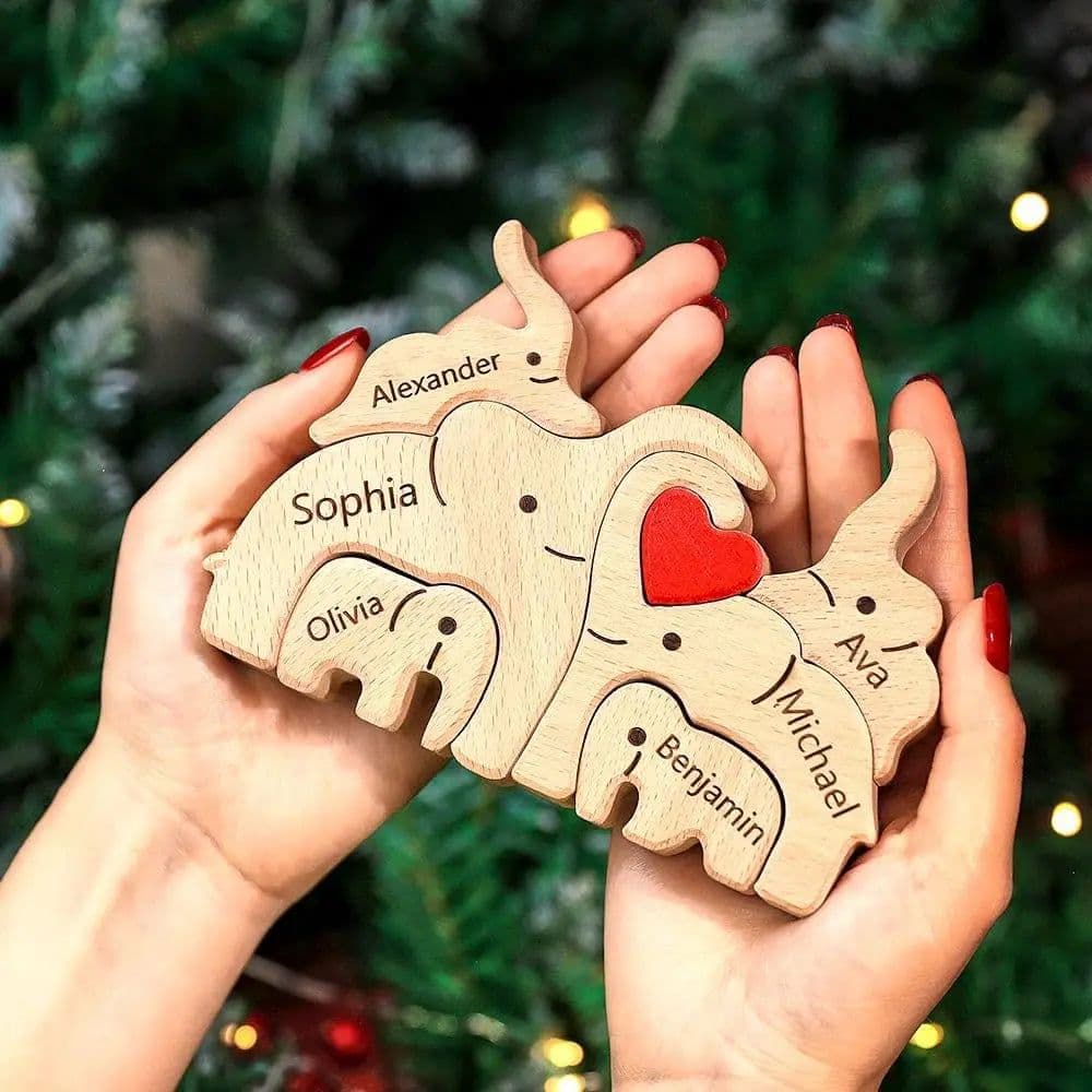 image-Personalized Elephant Family Wooden Puzzle Love Animal Wood Puzzle Custom Family Name Sculpture Free Engraving Decor Gifts