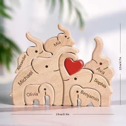 image-Personalized Elephant Family Wooden Puzzle Love Animal Wood Puzzle Custom Family Name Sculpture Free Engraving Decor Gifts