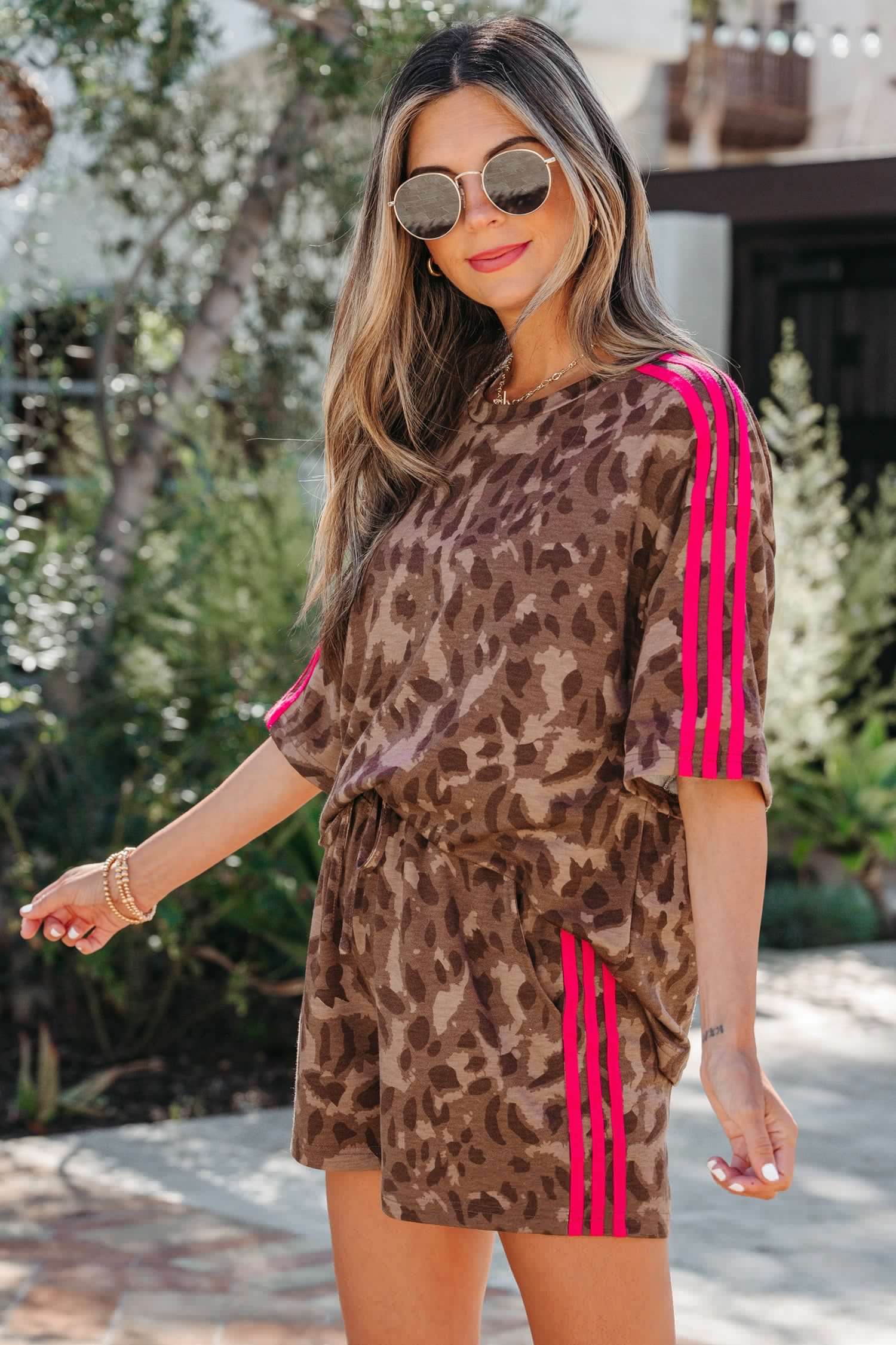 image-Brown Contrast Striped Accent Leopard Short Set