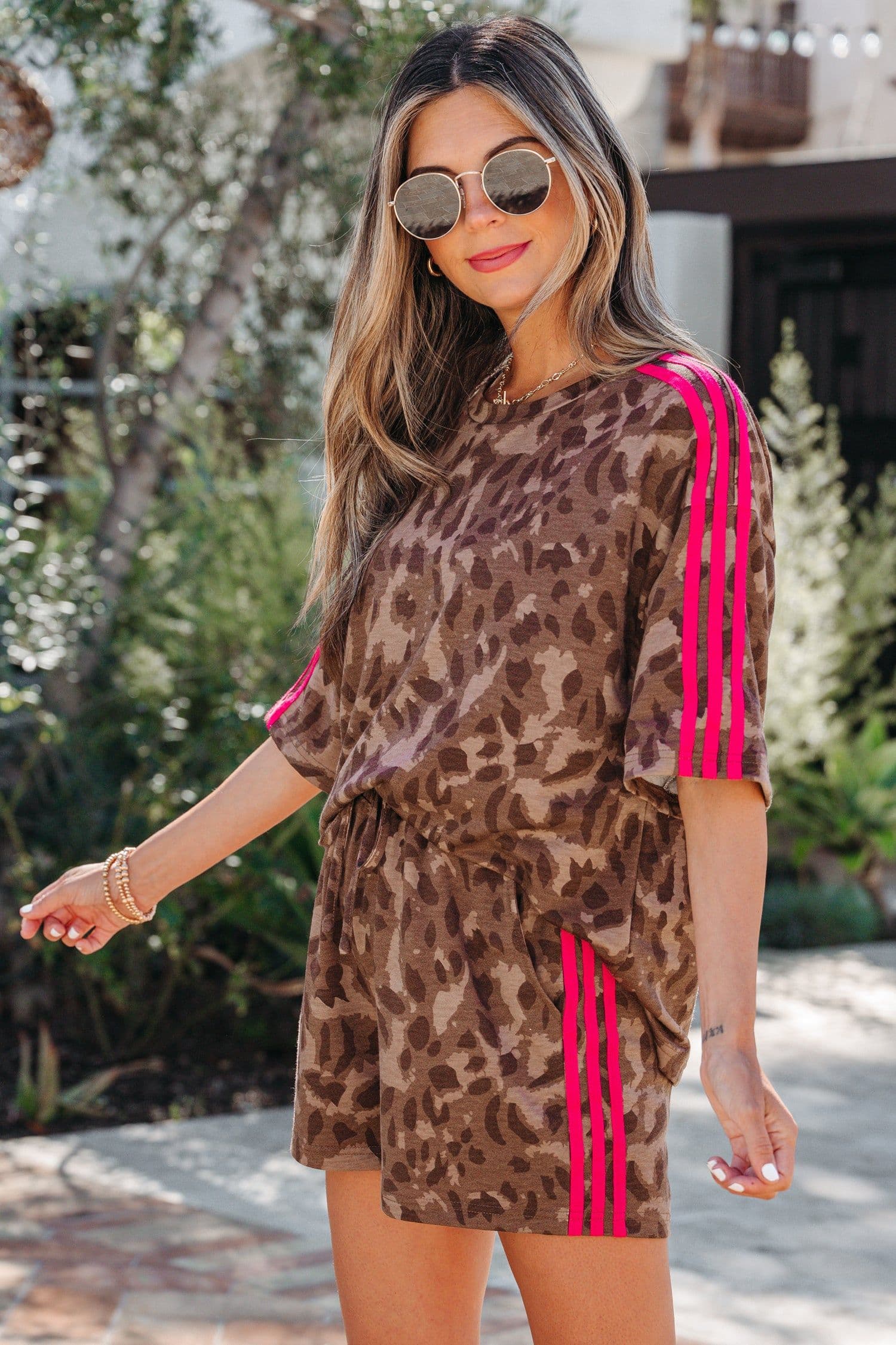 image-Brown Contrast Striped Accent Leopard Short Set