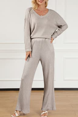 image-Ribbed Knit V Neck Slouchy Two-Piece Outfit - Khaki Modern Chic