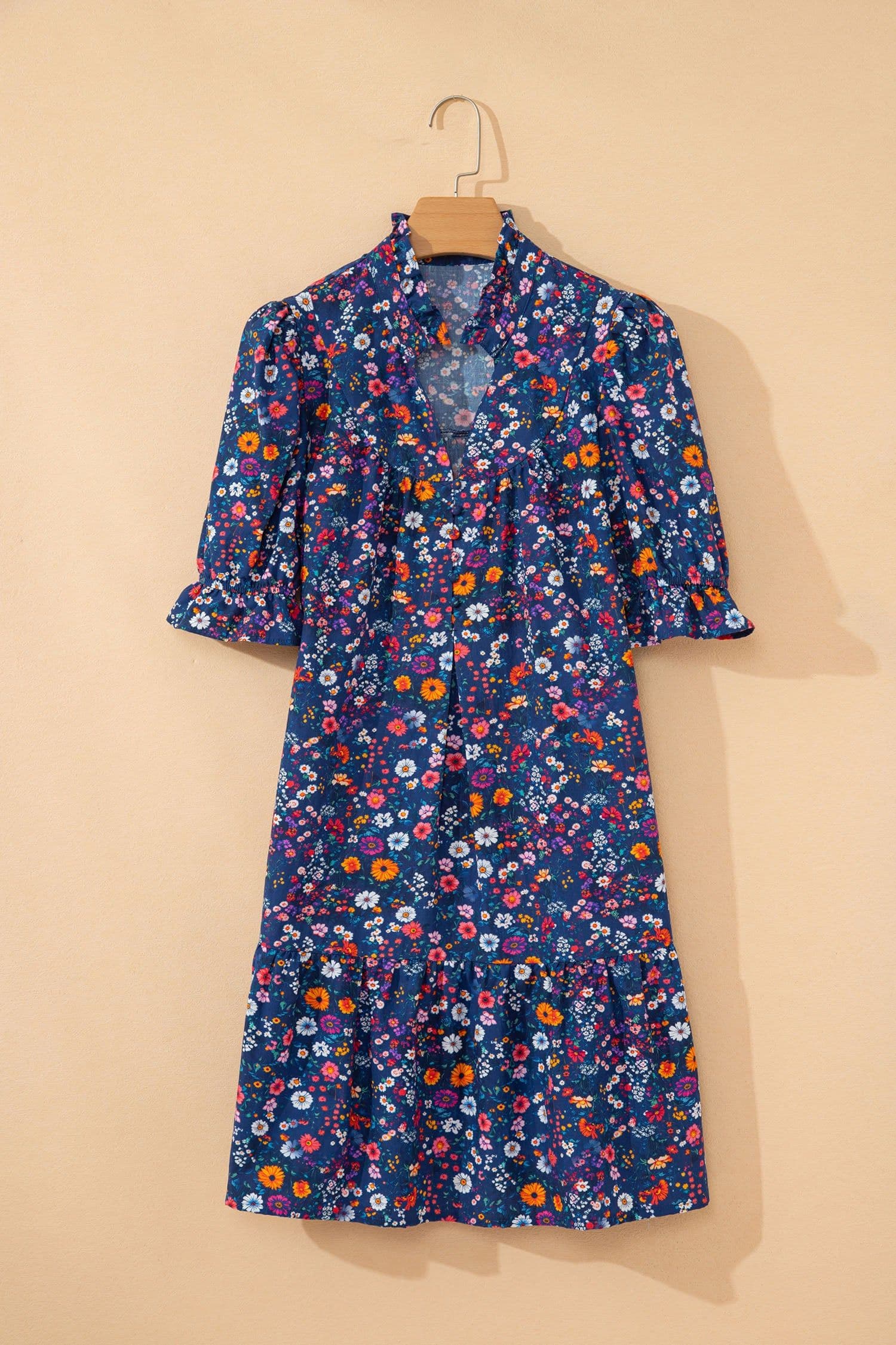 image-Blue Wild Daisy Floral Split Neck Short Puff Sleeve Mini Dress