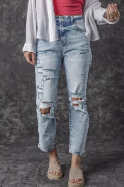 image-Sky Blue Light Wash Frayed Slim Fit High Waist Jeans
