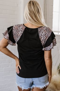 image-Black Leopard Print Patchwork Ruffled Sleeve V Neck T Shirt