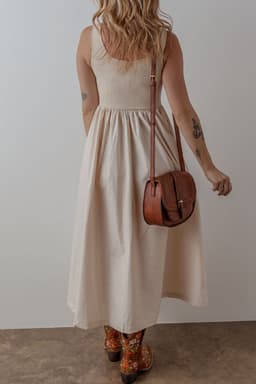 image-Beige Scoop Neck Ribbed Bodice Pleated Sleeveless Long Dress