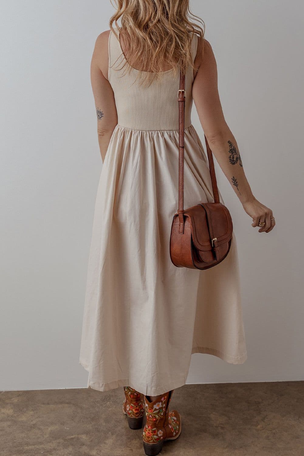 image-Beige Scoop Neck Ribbed Bodice Pleated Sleeveless Long Dress