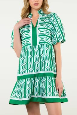 image-Bright Green Abstract Patterned V Neck Puff Short Sleeve Mini Dress
