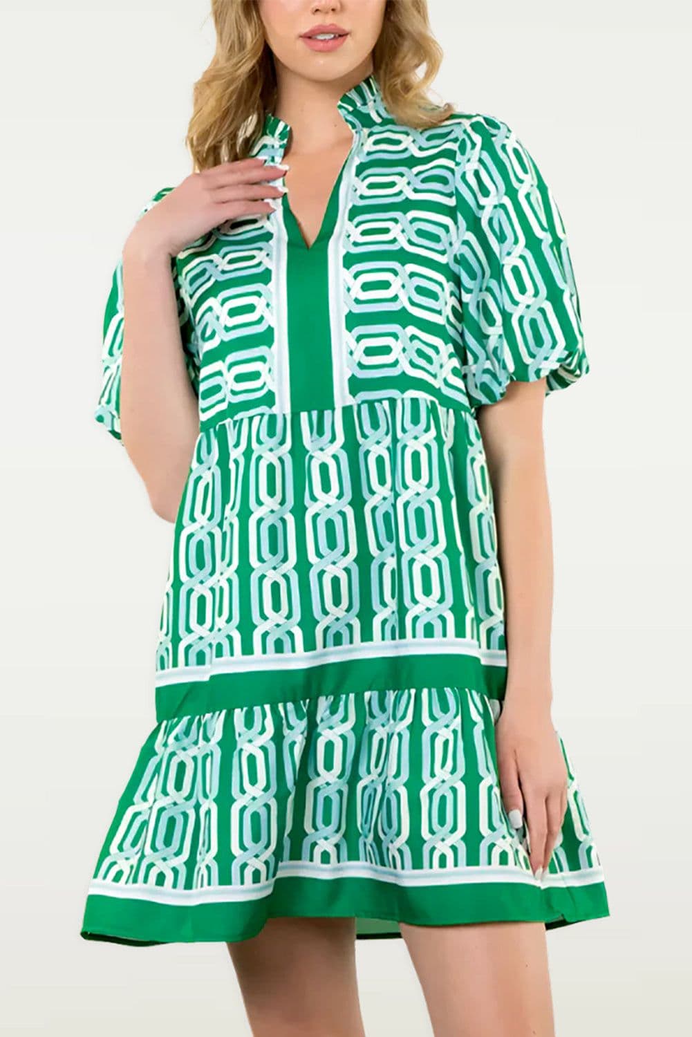 image-Bright Green Abstract Patterned V Neck Puff Short Sleeve Mini Dress