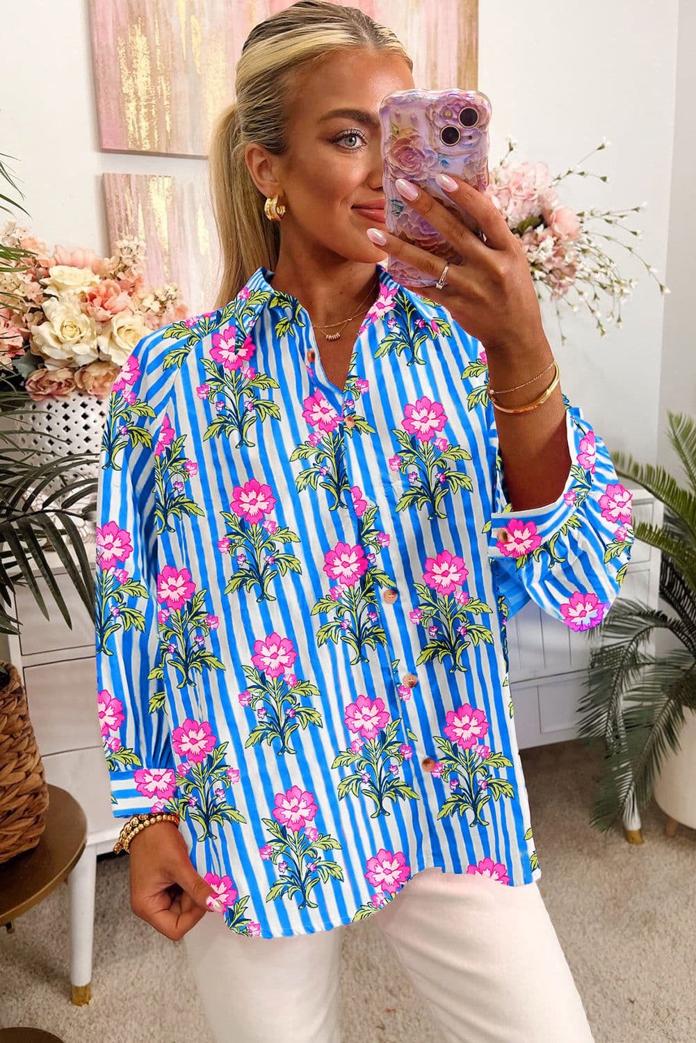 image-Blue Striped Floral Print Buttoned Cuffs Loose Fit Shirt