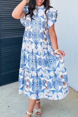 image-Sky Blue Tropical Botanic Print Flutter Sleeve Vacation Long Dress