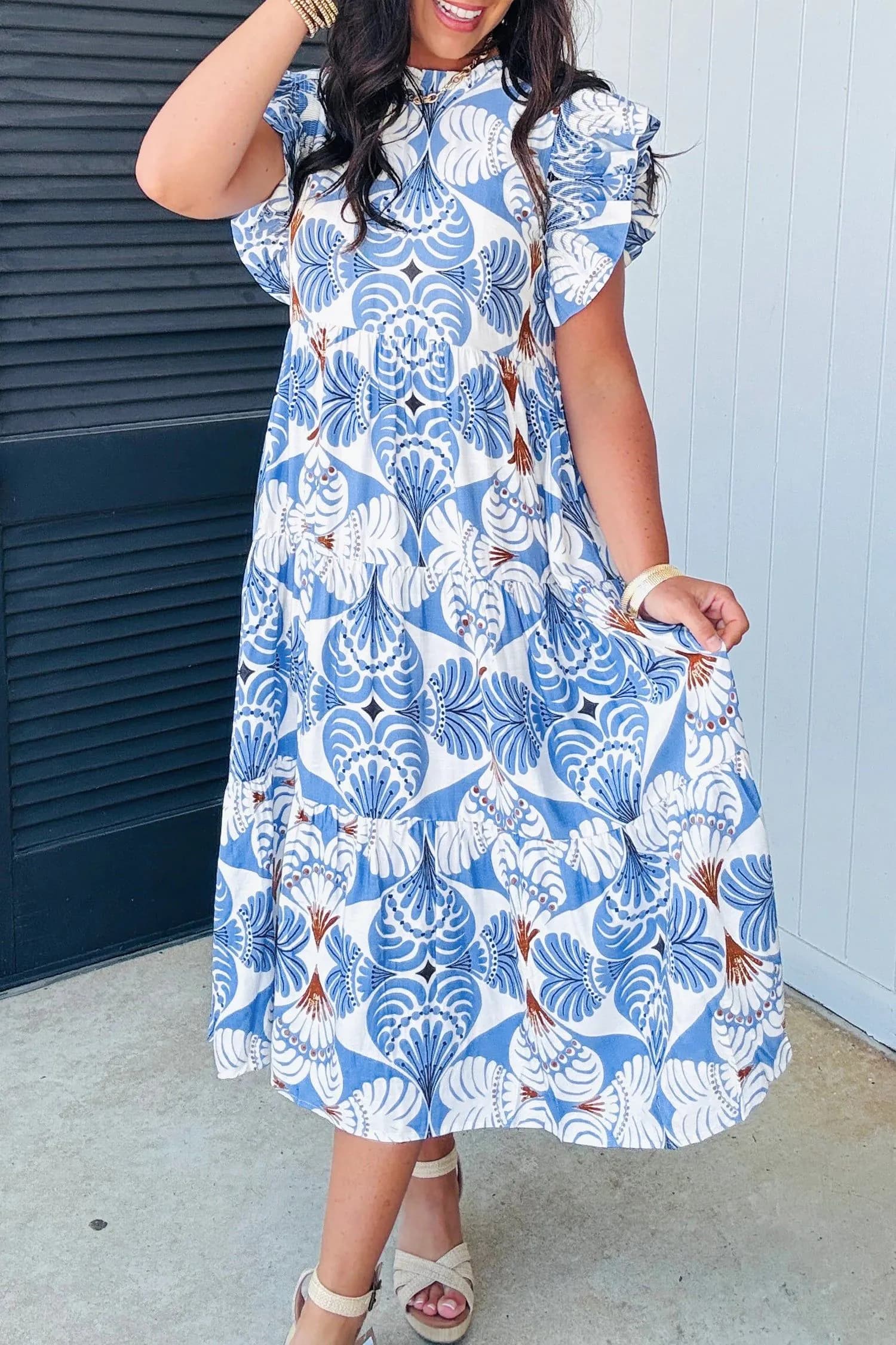 image-Sky Blue Tropical Botanic Print Flutter Sleeve Vacation Long Dress