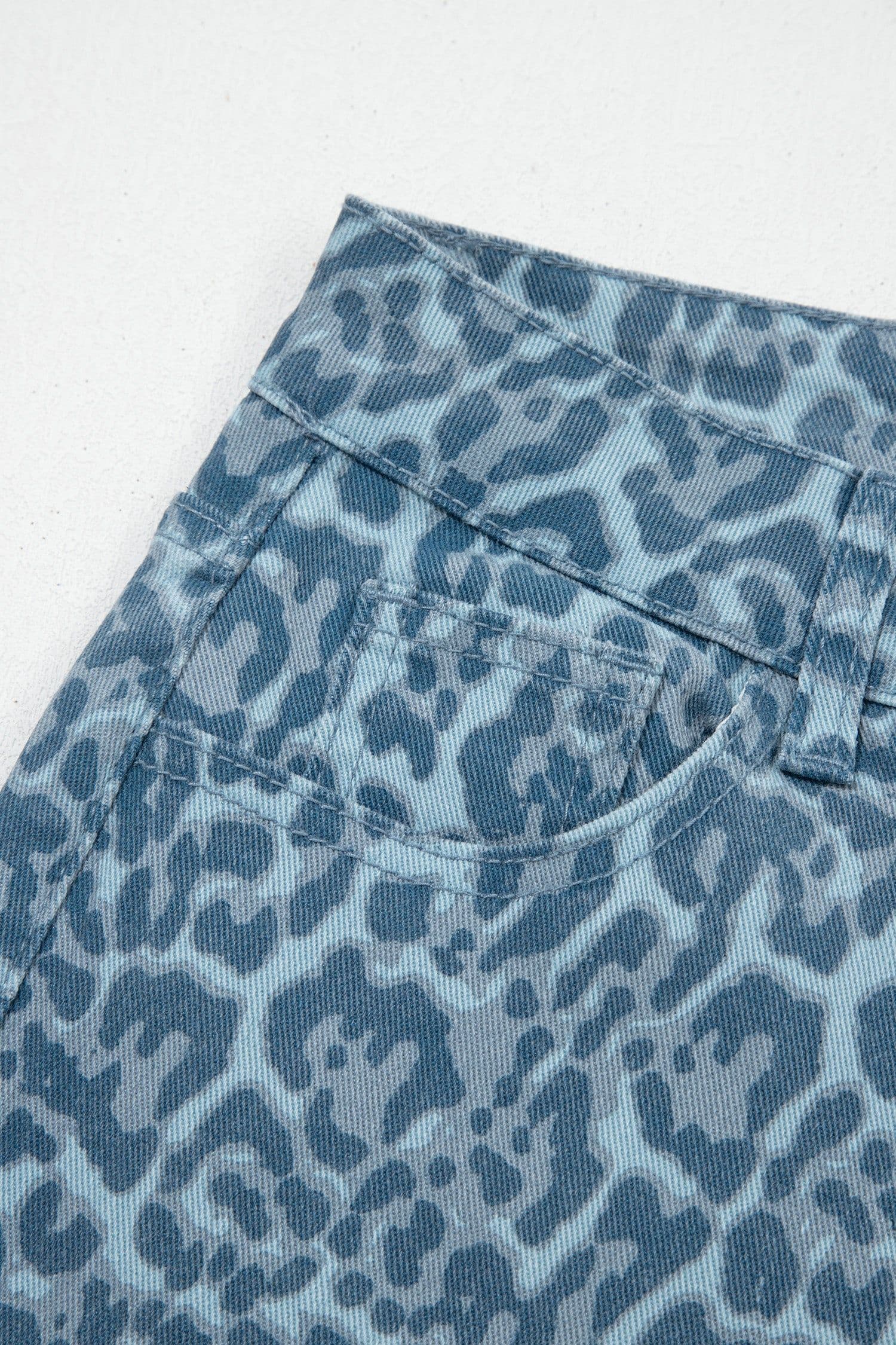 image-Sky Blue Leopard Frayed Wide Leg Jeans