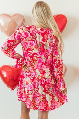 image-Floral Print High Waist V Neck Babydoll Mini Dress - Red (57 characters)