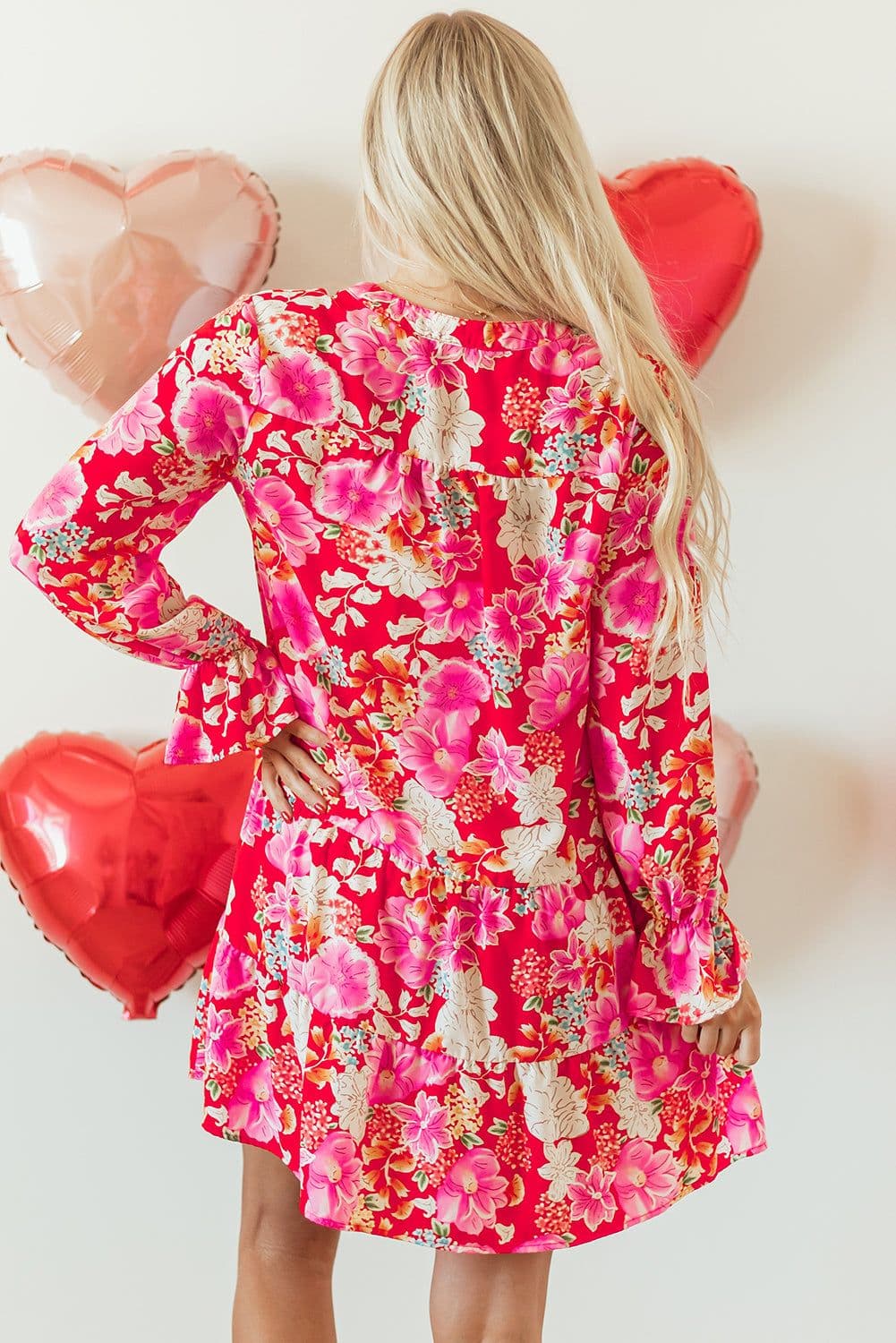 image-Floral Print High Waist V Neck Babydoll Mini Dress - Red (57 characters)