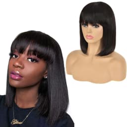 image-Pixie Cut Bob Wigs Peruvian Straight Short Human Hair Fringe Wig With