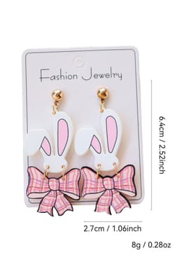 image-Pink Plaid Bow Bunny Drop Earrings