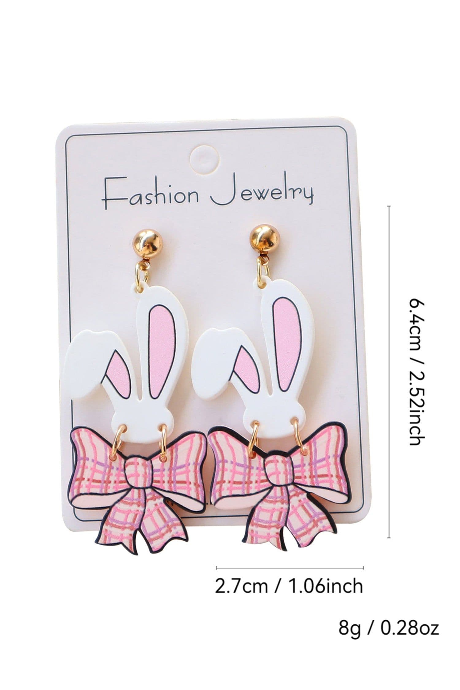 image-Pink Plaid Bow Bunny Drop Earrings