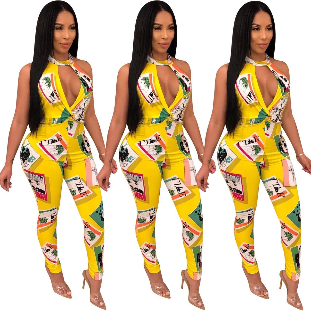 image-Women Leotard Deep V Sleeve Printed Backless Halter High Waist Ladies