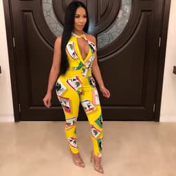 image-Women Leotard Deep V Sleeve Printed Backless Halter High Waist Ladies