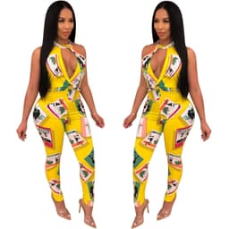 image-Women Leotard Deep V Sleeve Printed Backless Halter High Waist Ladies