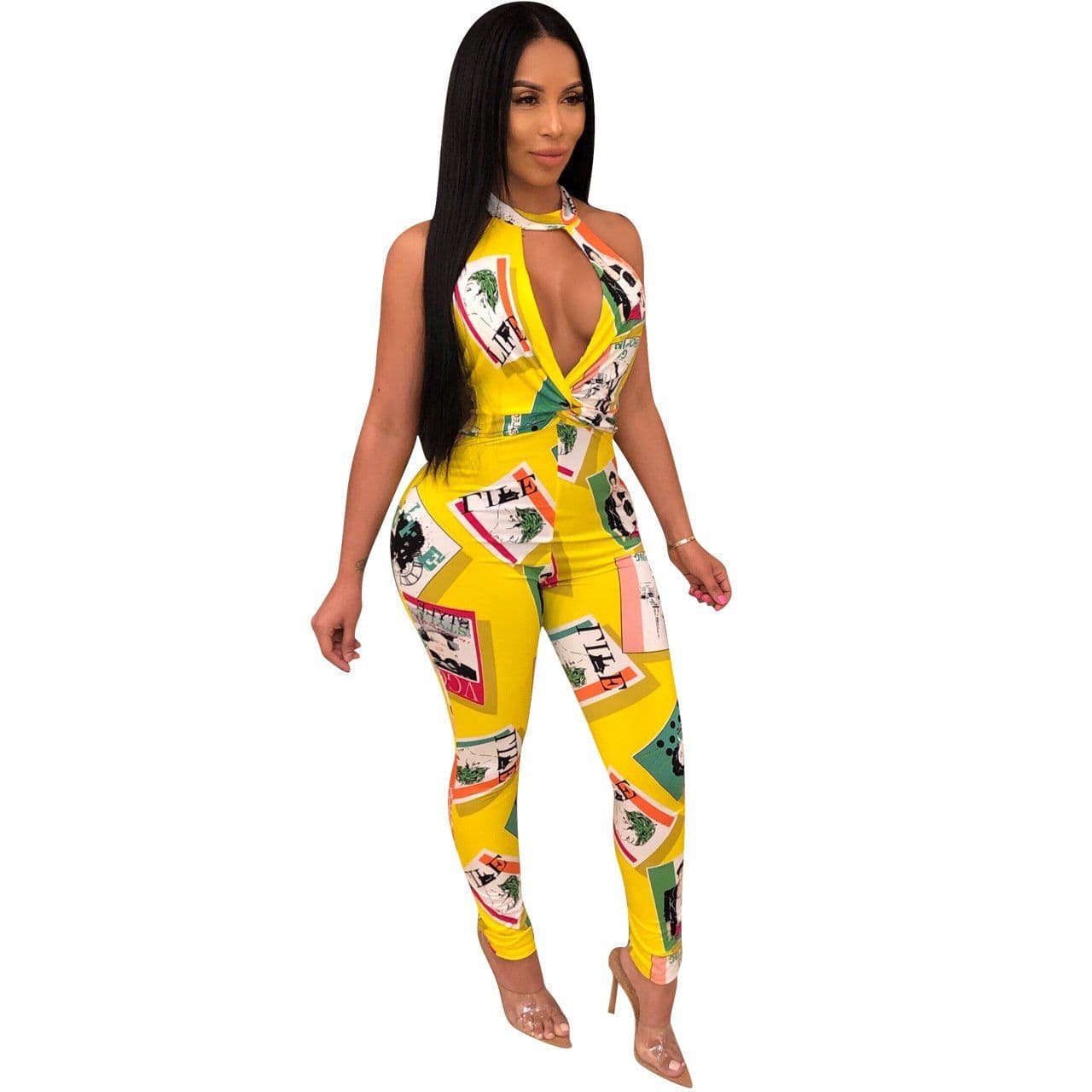 image-Women Leotard Deep V Sleeve Printed Backless Halter High Waist Ladies