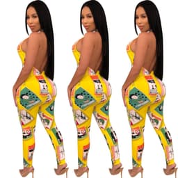 image-Women Leotard Deep V Sleeve Printed Backless Halter High Waist Ladies