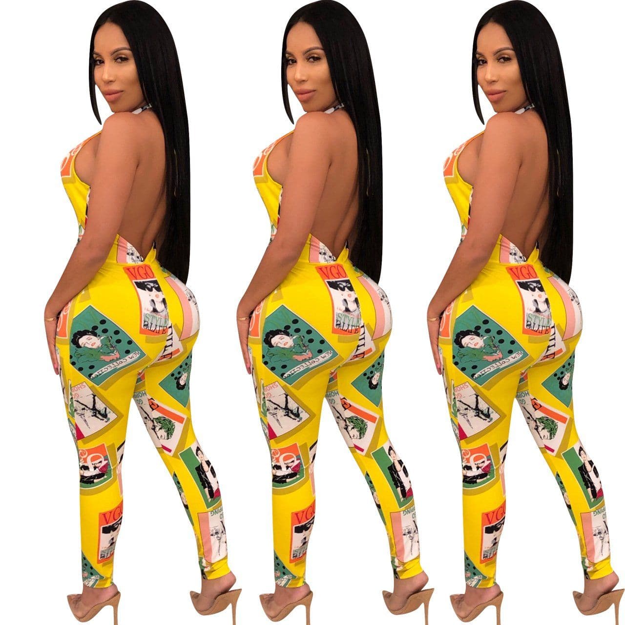 image-Women Leotard Deep V Sleeve Printed Backless Halter High Waist Ladies