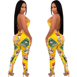image-Women Leotard Deep V Sleeve Printed Backless Halter High Waist Ladies
