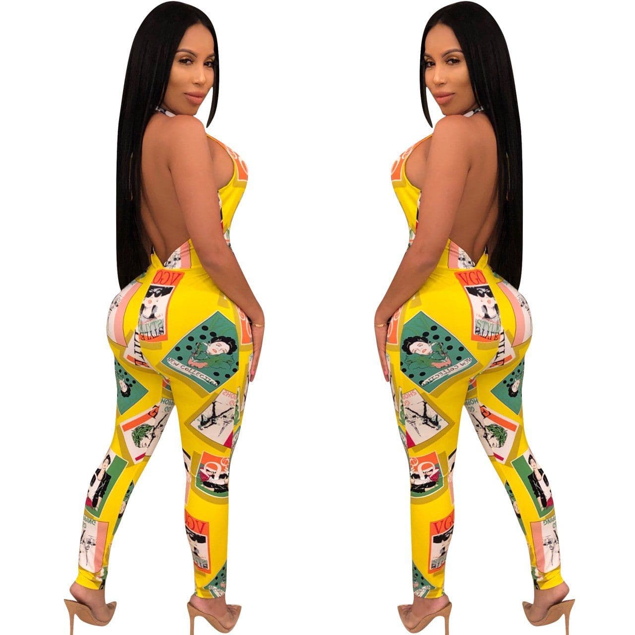 image-Women Leotard Deep V Sleeve Printed Backless Halter High Waist Ladies